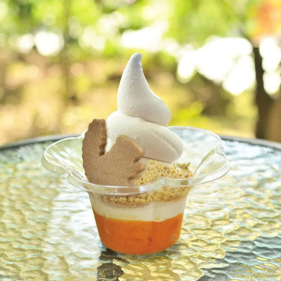 【期間限定販売】秋熟柿（あきづくし）ソフト<br>完熟の市田柿をまるごと冷凍した「紅熟柿」とどんぐりソフトがマッチした一品。<br>銀の森の自慢の栗粉をまぶした秋づくしを召し上がれ。<br>950円（税込）